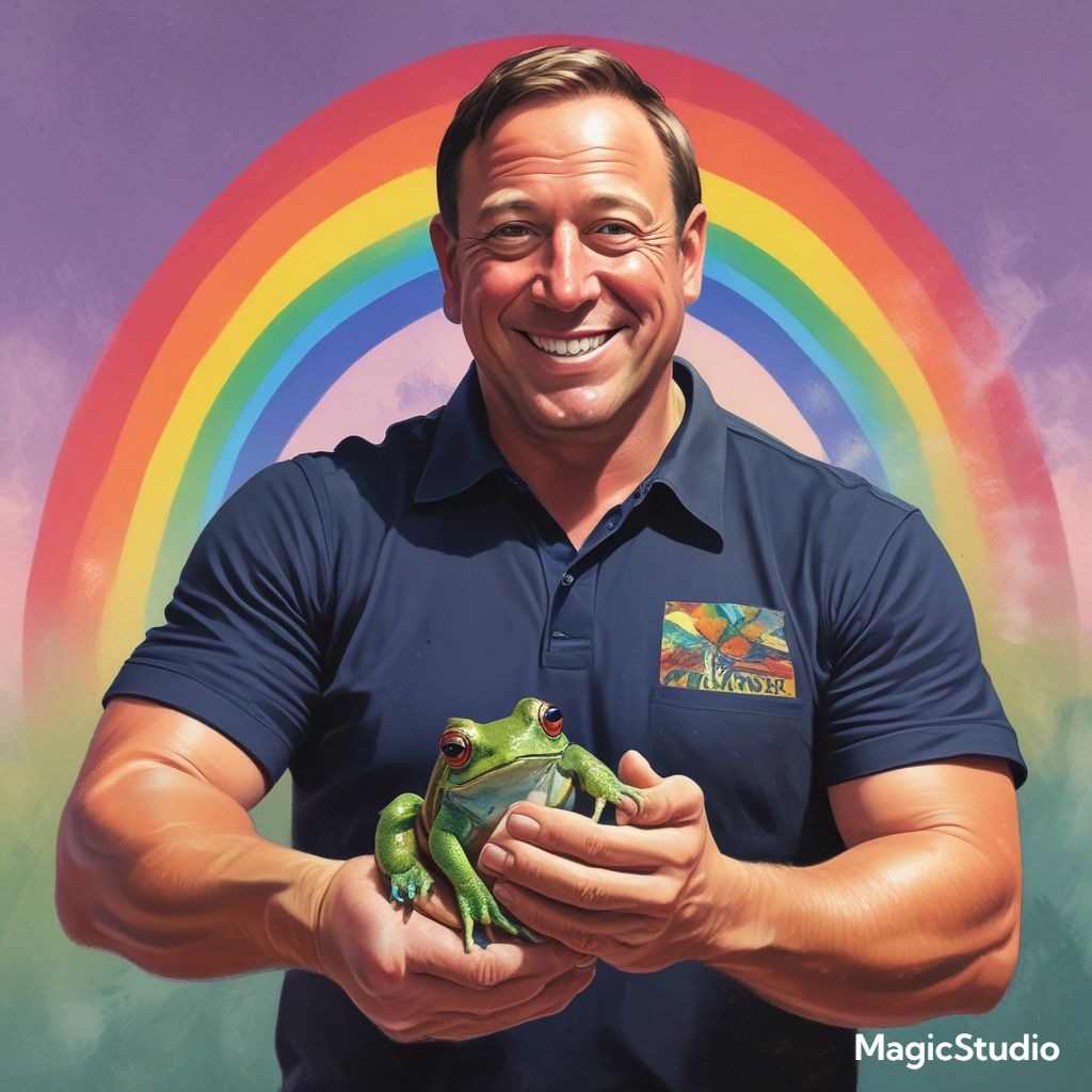 Alex Jones holds a Gay Frog